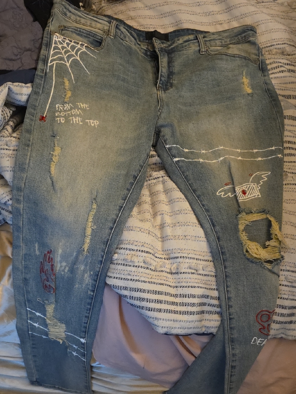 Men's Light Blue Skinny Jeans with Embroidered Distress Details